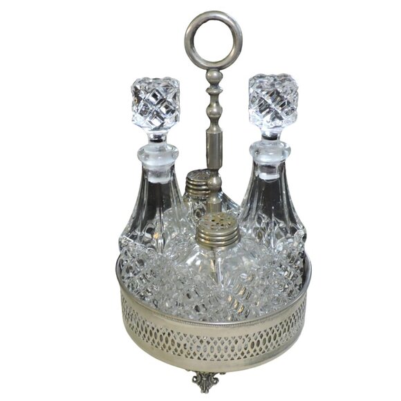 Vintage Table Cruet Set Silverplate Cut Glass Dining Table Accessories - Picture 1 of 4